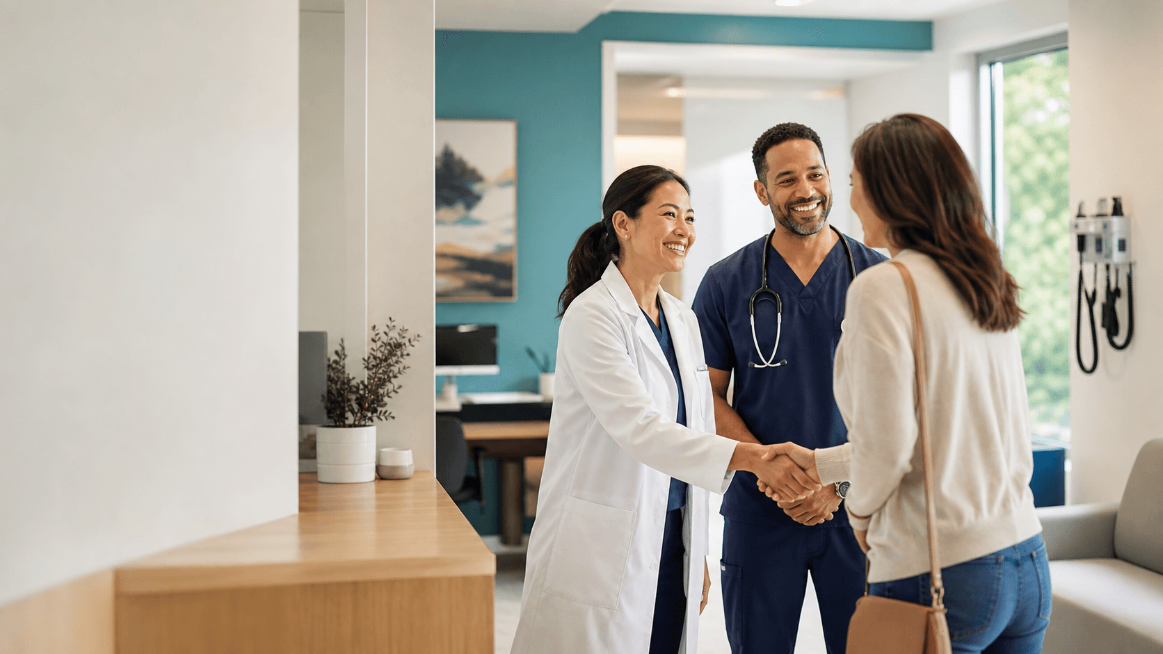 Two healthcare professionals welcoming a visitor in a modern clinic.